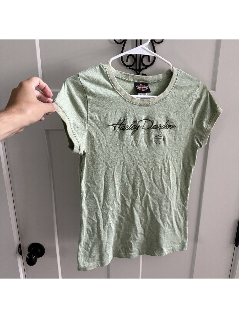 Harley Davidson Womens L Sage Green Embroidered Baby Tee Ocala Florida Y2K - Picture 2 of 12